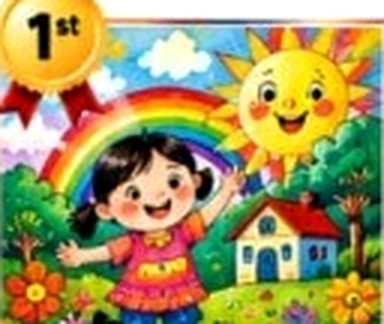 Young child artwork showing cheerful sun and rainbow house