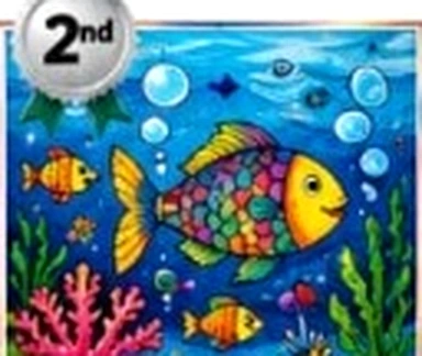 Artwork of colorful scaled rainbow fish in underwater coral