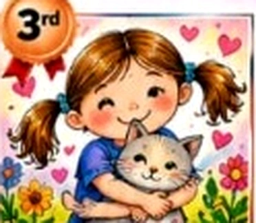 Little girl hugging a cuddly kitten surrounded by hearts and flowers