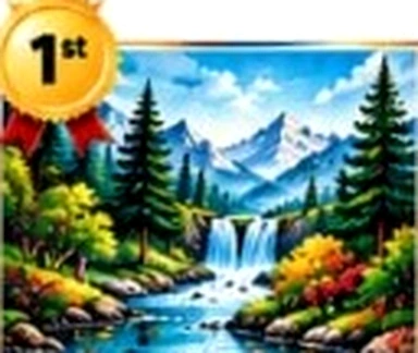Landscape with waterfall, pine trees and snowcapped peaks