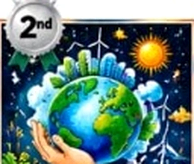 Hands holding a glowing green Earth with wind turbines and sun