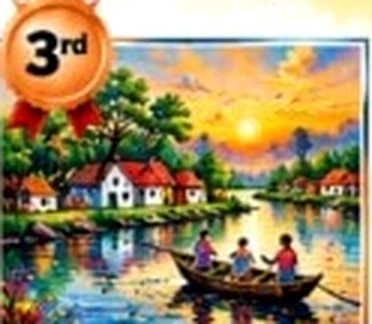 Sunset over river village with boats and riverside cottages