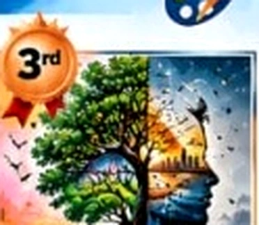 Surreal tree silhouette morphing into human mind with birds flying free