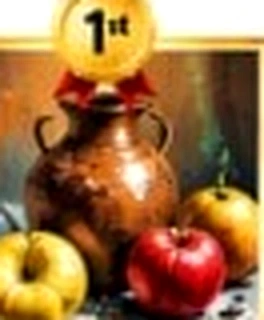 Still life with metallic jug and apples