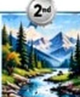 Clear mountain lake with evergreen trees and snowy ridges
