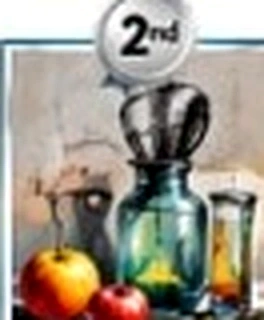 Tonal study of glass bottle with fruit and drapery