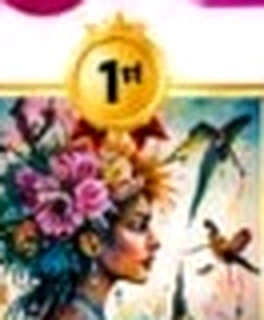 Surreal portrait crowned with blooming orchids and hummingbirds