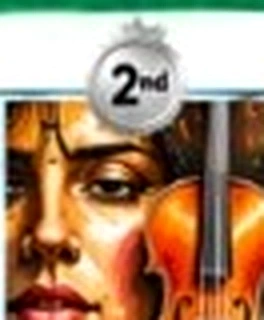 Close-up female face merged with polished wood violin