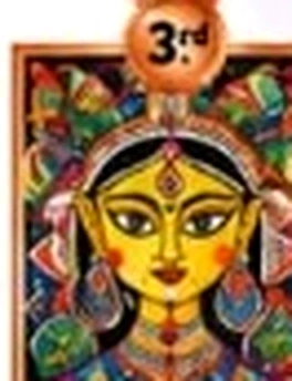 Iconic stylized face of Goddess Durga with floral crown