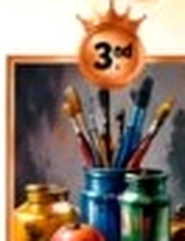 Artisan paint jars, wooden brushes, and scattered fruit